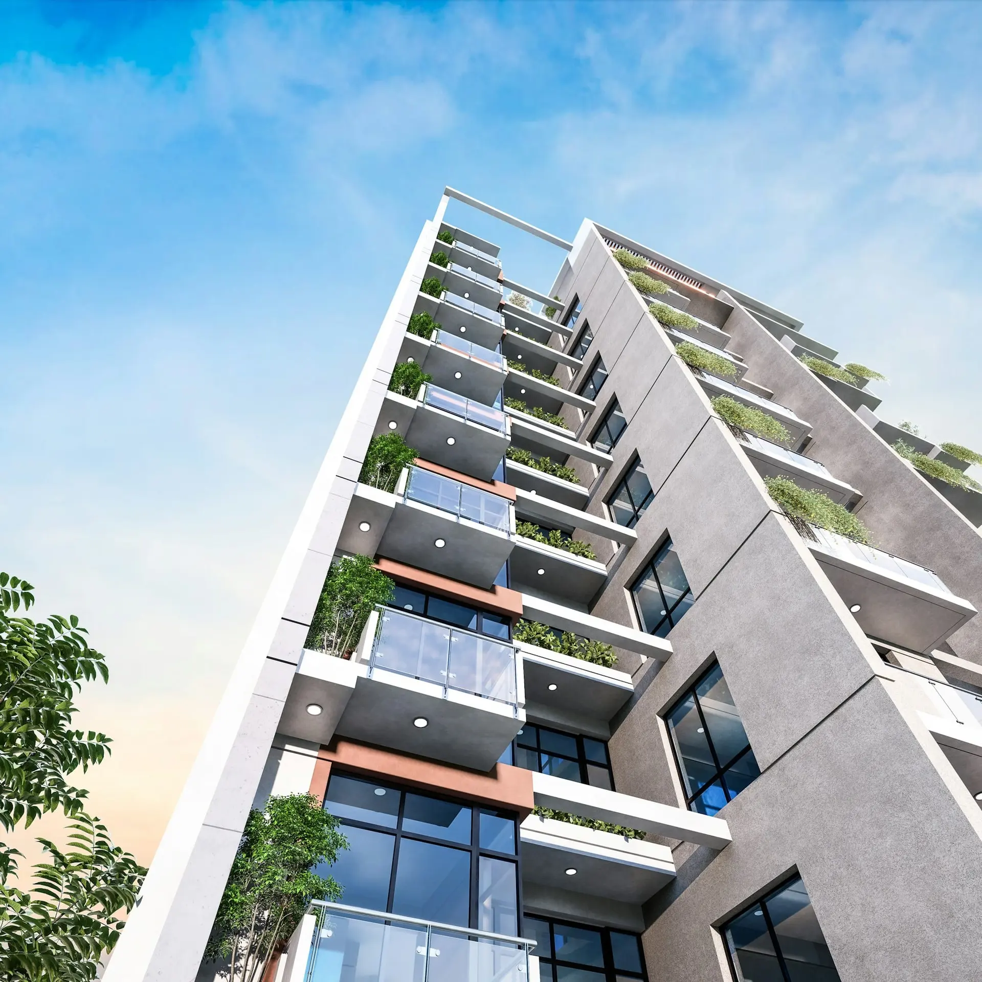 Balkonları yeşillikle çevrili modern bir apartman